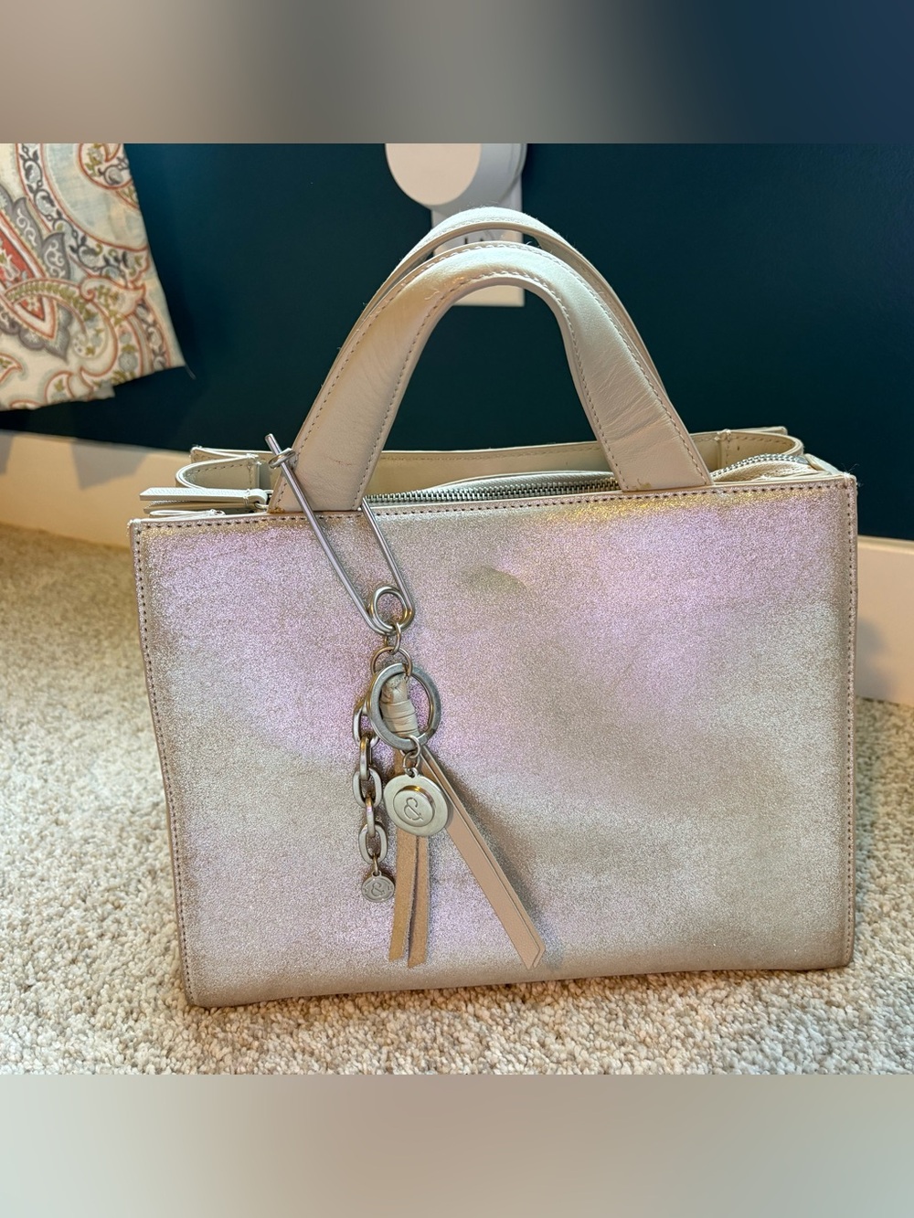 Treasure & Bond Metallic Beige Satchel with Charm Accent